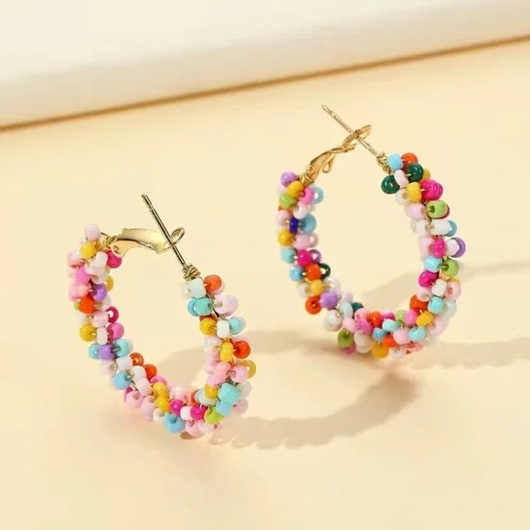 Boho Colorful Rice Bead Hoop Earrings - Picture 3 of 5